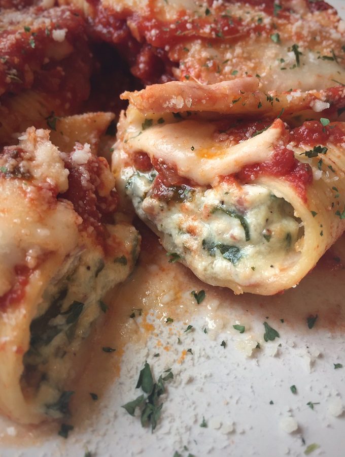 Stuffed shells with spinach and pancetta.