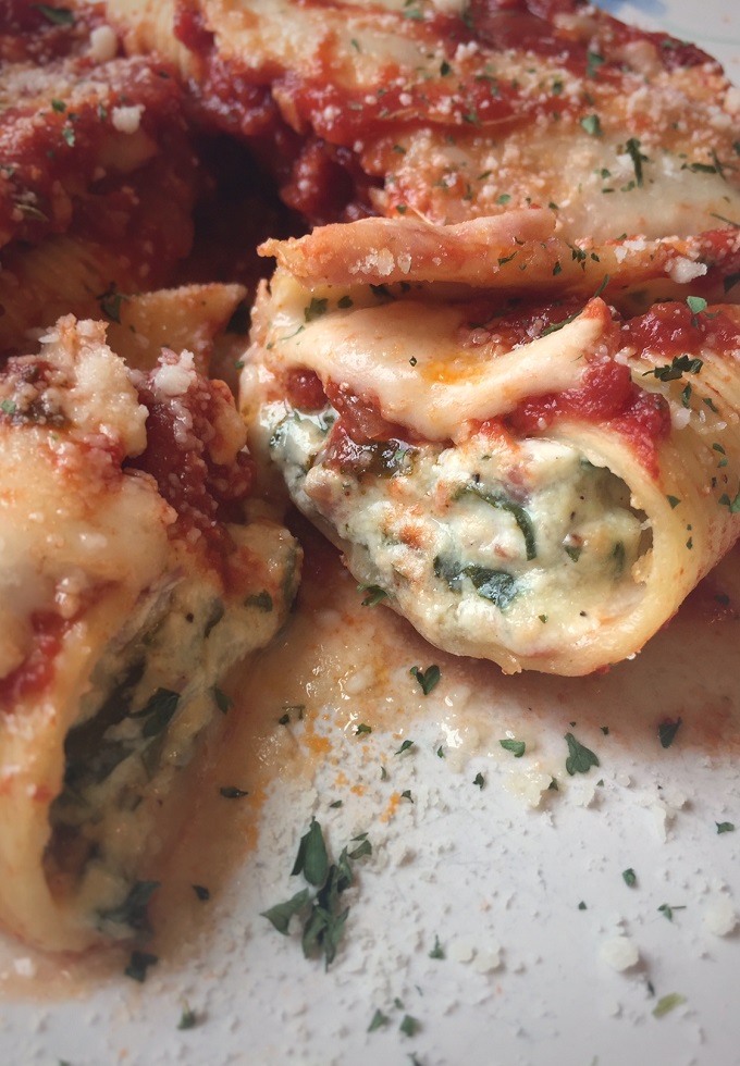 Stuffed shells with spinach and pancetta.
