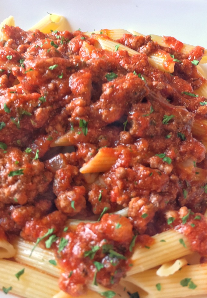 Penne with ragu al bolognese.