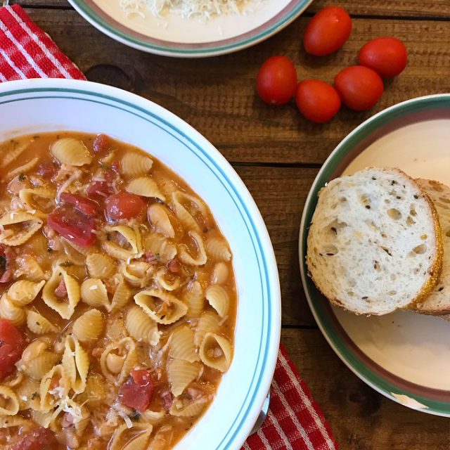 Authentic pasta fazool in a bowl.
