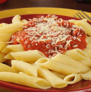 Penne pasta with Marinara Sauce with Pecorino Romano cheese.