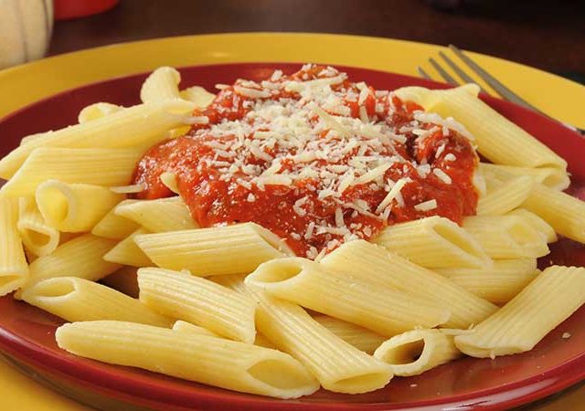 Penne pasta with Marinara Sauce with Pecorino Romano cheese.