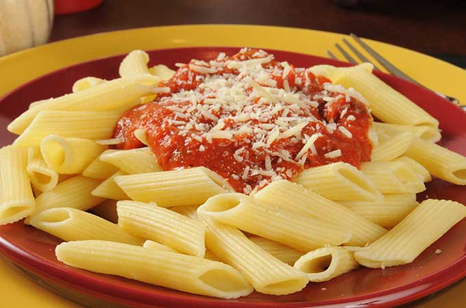 Penne pasta with Marinara Sauce with Pecorino Romano cheese.