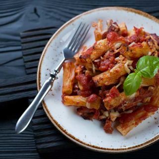 Spicy sausage baked ziti.