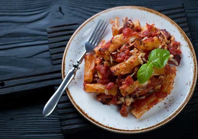 Spicy sausage baked ziti.