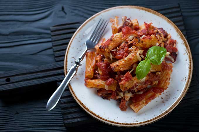 Spicy sausage baked ziti.